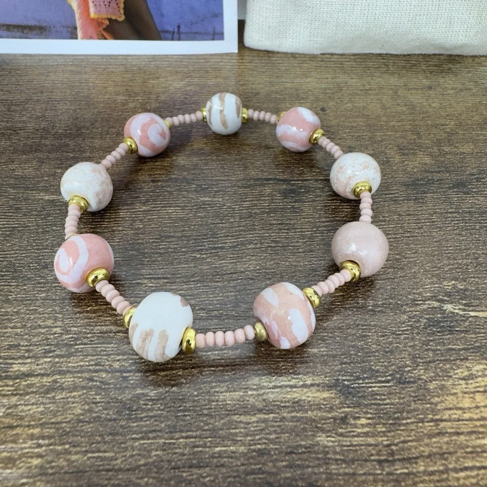Kazuri Pink‎ Clay Hand Painted Beaded Bracelet Hand Made in Kenya Elastic